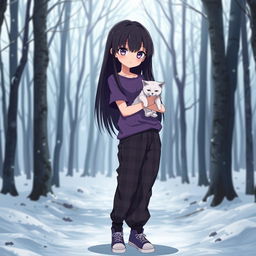 Anime girl with long, straight dark hair reaching her waist, having vibrant purple eyes and pale skin