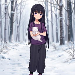 Anime girl with long, straight dark hair reaching her waist, having vibrant purple eyes and pale skin