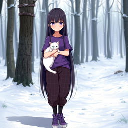 Anime girl with long, straight dark hair reaching her waist, having vibrant purple eyes and pale skin