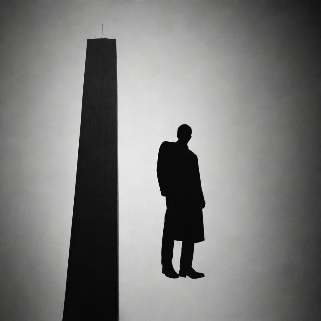 A symbolic shadow representing an identity falling from a skyscraper, symbolising anonymity in the urban environment