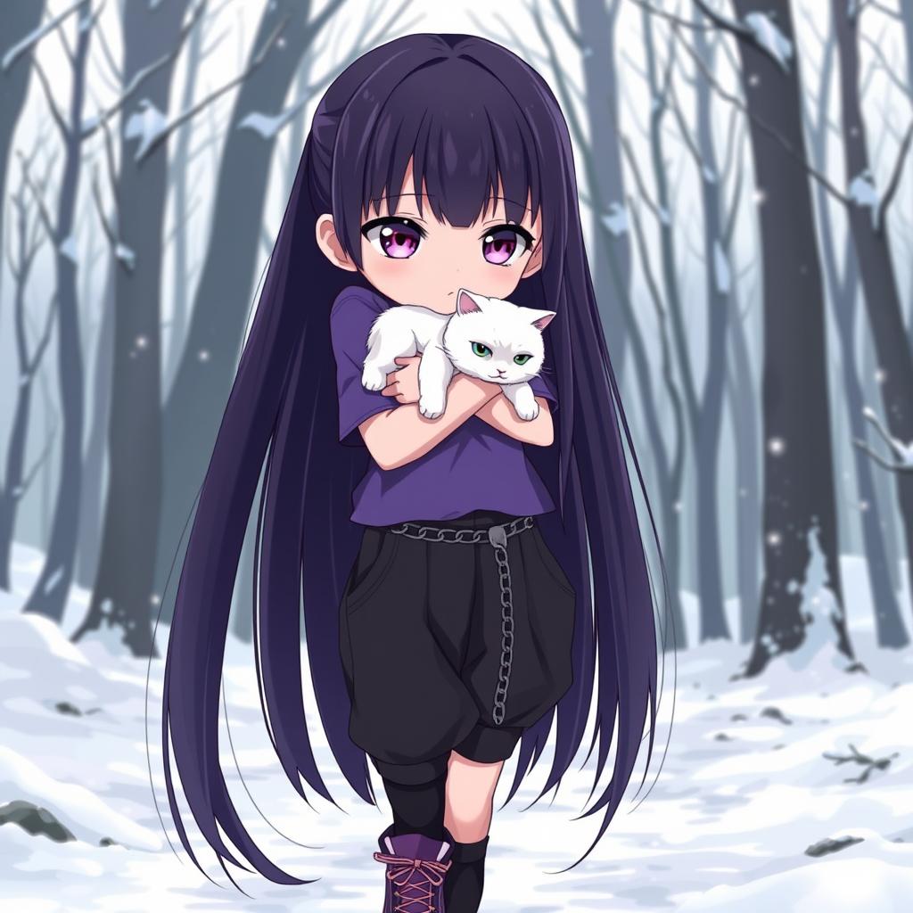 Anime girl with long, straight dark hair reaching her waist, having vibrant purple eyes and pale skin