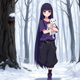 Anime girl with long, straight dark hair reaching her waist, having vibrant purple eyes and pale skin