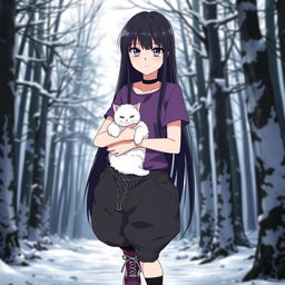 Anime girl with long, straight dark hair reaching her waist, having vibrant purple eyes and pale skin