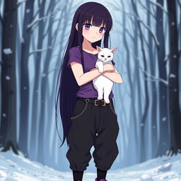 Anime girl with long, straight dark hair reaching her waist, having vibrant purple eyes and pale skin