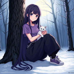 An anime girl with long, straight, dark hair down to her waist, sporting intense violet eyes and pale skin