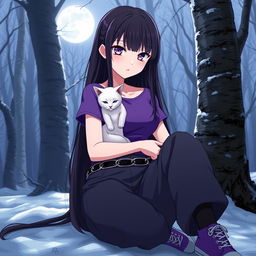 An anime girl with long, straight, dark hair down to her waist, sporting intense violet eyes and pale skin