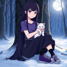 An anime girl with long, straight, dark hair down to her waist, sporting intense violet eyes and pale skin