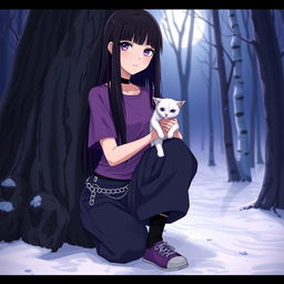 An anime girl with long, straight, dark hair down to her waist, sporting intense violet eyes and pale skin