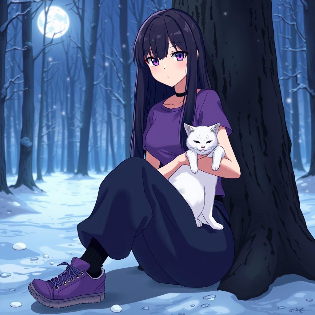 An anime girl with long, straight, black hair down to her waist, featuring striking violet eyes and pale skin