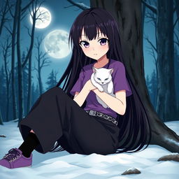 An anime girl with long, straight, black hair down to her waist, featuring striking violet eyes and pale skin