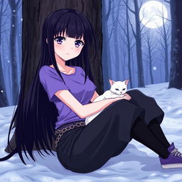 An anime girl with long, straight, black hair down to her waist, featuring striking violet eyes and pale skin