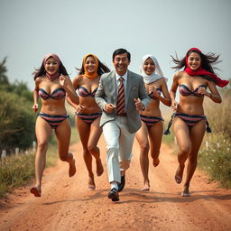 Three women, an Arab girl and two European girls, wearing skimpy two-piece bandeau swimsuits with one-shoulder and high-neck designs