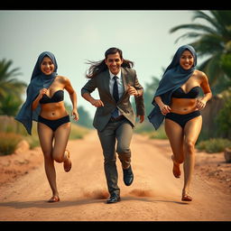 Three women, an Arab girl and two European girls, wearing skimpy two-piece bandeau swimsuits with one-shoulder and high-neck designs