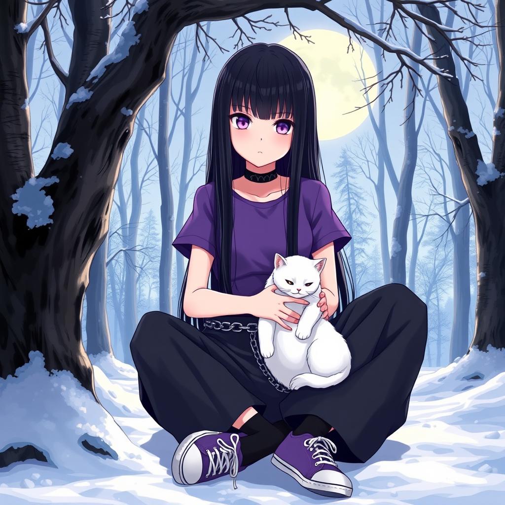 An anime girl with long, straight, black hair down to her waist, featuring vibrant violet eyes and pale skin