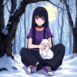 An anime girl with long, straight, black hair down to her waist, featuring vibrant violet eyes and pale skin