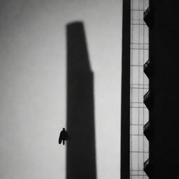 A symbolic shadow representing an identity falling from a skyscraper, symbolising anonymity in the urban environment