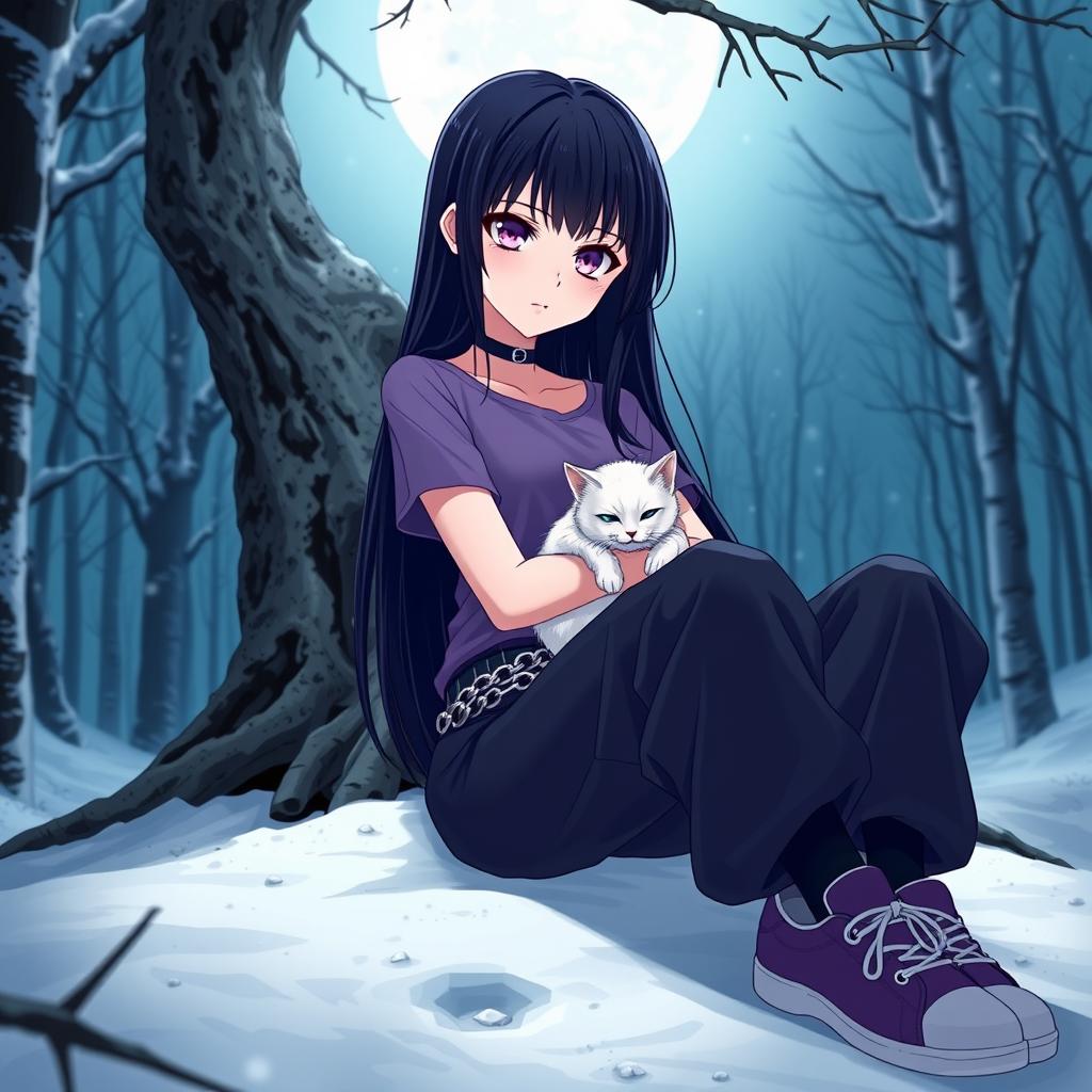 An anime girl with long, straight, black hair down to her waist, featuring vibrant violet eyes and pale skin