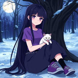 An anime girl with long, straight, black hair down to her waist, featuring vibrant violet eyes and pale skin