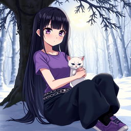 An anime girl with long, straight, black hair down to her waist, featuring vibrant violet eyes and pale skin