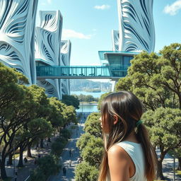 A futuristic, bionic design of high-rise buildings characterized by flowing lines on their facades