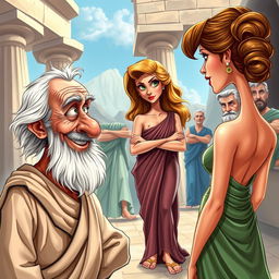 A vibrant and humorous caricature poster set in ancient Greece, depicting a decrepit old Greek man with a sly smile, gazing at a young, beautiful, and slender Greek woman who is facing away, her face not visible