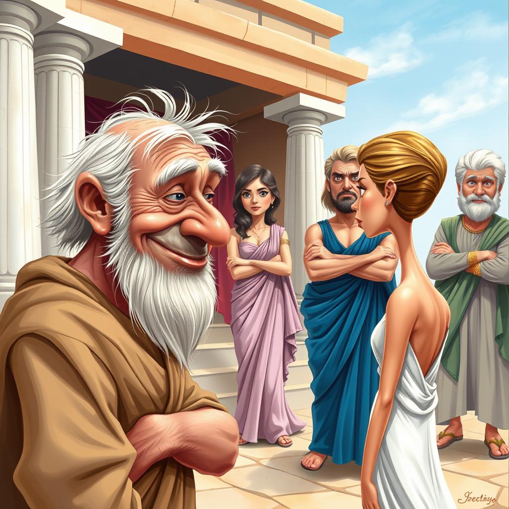 A vibrant and humorous caricature poster set in ancient Greece, depicting a decrepit old Greek man with a sly smile, gazing at a young, beautiful, and slender Greek woman who is facing away, her face not visible