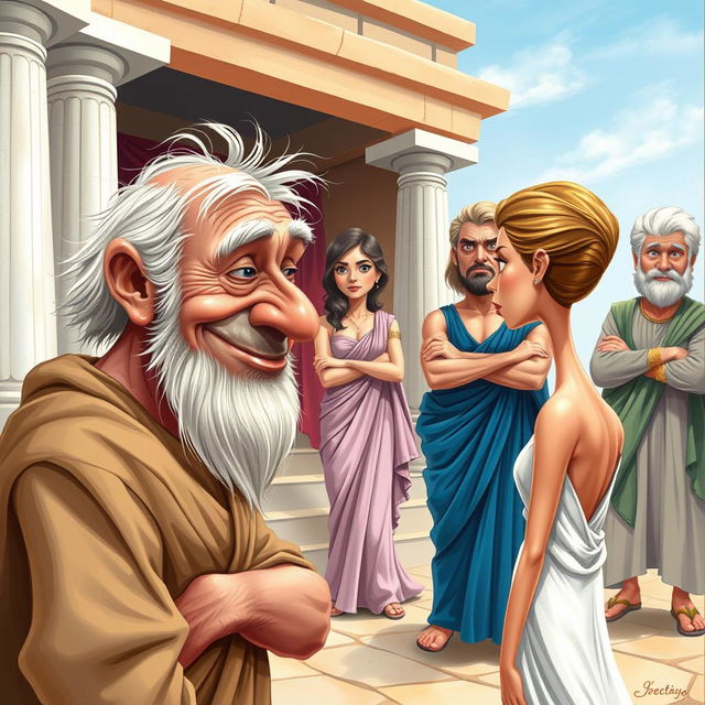 A vibrant and humorous caricature poster set in ancient Greece, depicting a decrepit old Greek man with a sly smile, gazing at a young, beautiful, and slender Greek woman who is facing away, her face not visible