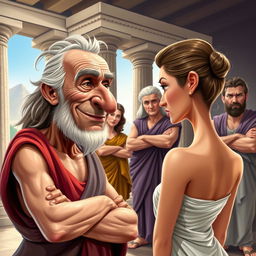 A vibrant and humorous caricature poster set in ancient Greece, depicting a decrepit old Greek man with a sly smile, gazing at a young, beautiful, and slender Greek woman who is facing away, her face not visible