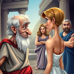 A vibrant and humorous caricature poster set in ancient Greece, depicting a decrepit old Greek man with a sly smile, gazing at a young, beautiful, and slender Greek woman who is facing away, her face not visible