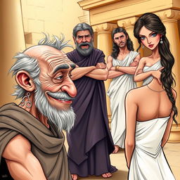 A vibrant and humorous caricature-style poster depicting an ancient Greek comedy scene