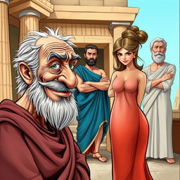 A vibrant and humorous caricature-style poster depicting an ancient Greek comedy scene