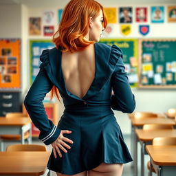 A captivating scene in a classroom featuring a stunning redhead with pink eyes, dressed in a stylish school uniform that includes a micro skirt