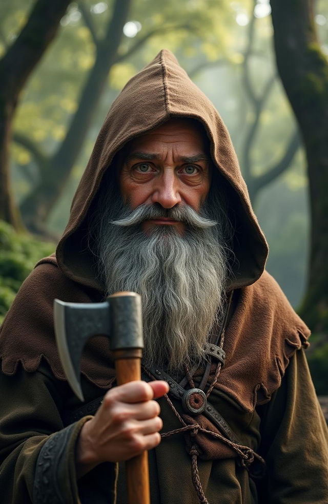 A live action, hyper-realistic portrayal of the fantasy character Oin from The Hobbit