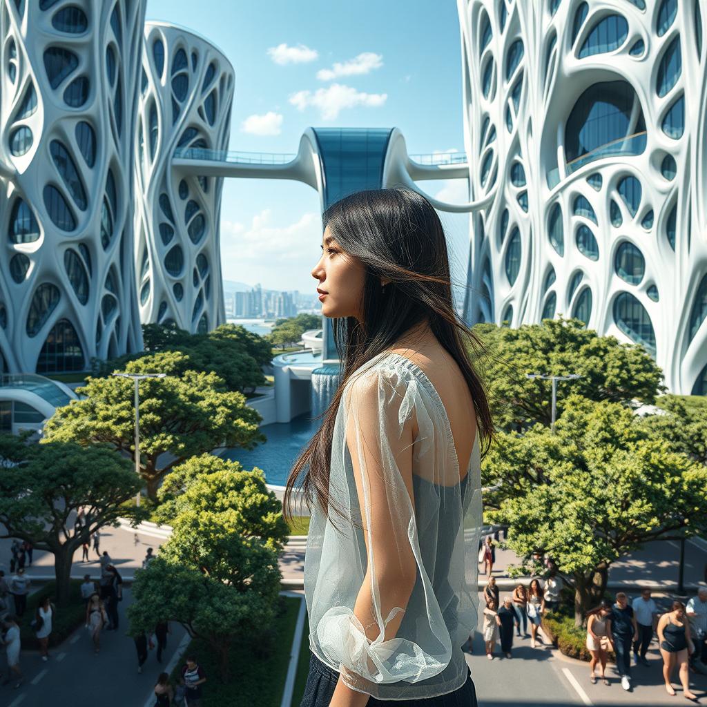 A futuristic, bionic design of high-rise buildings featuring facades with intricate flowing lines