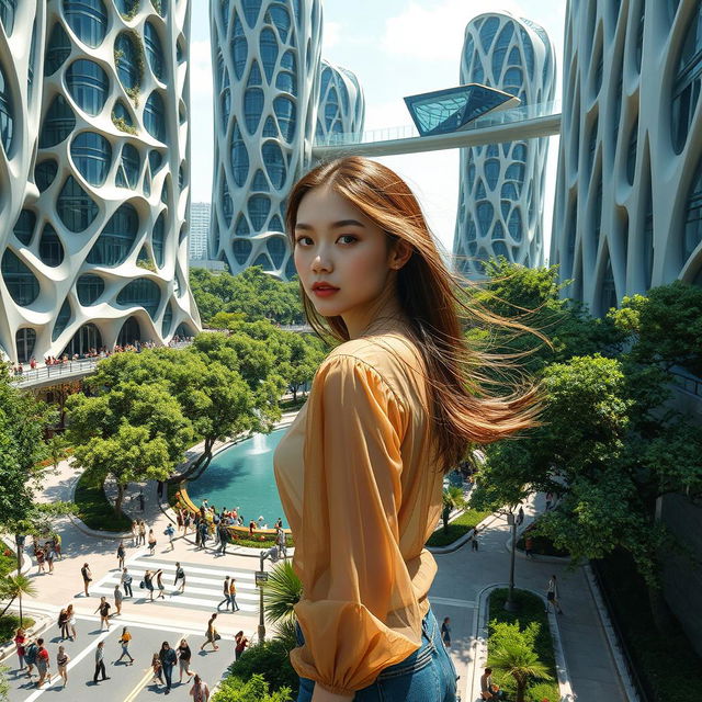 A futuristic, bionic design of high-rise buildings featuring facades with intricate flowing lines