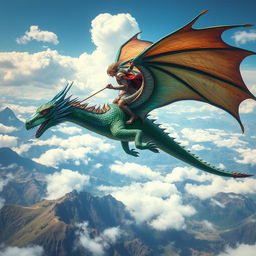 A fantasy scene showcasing a majestic dragon rider soaring through the sky on a magnificent dragon