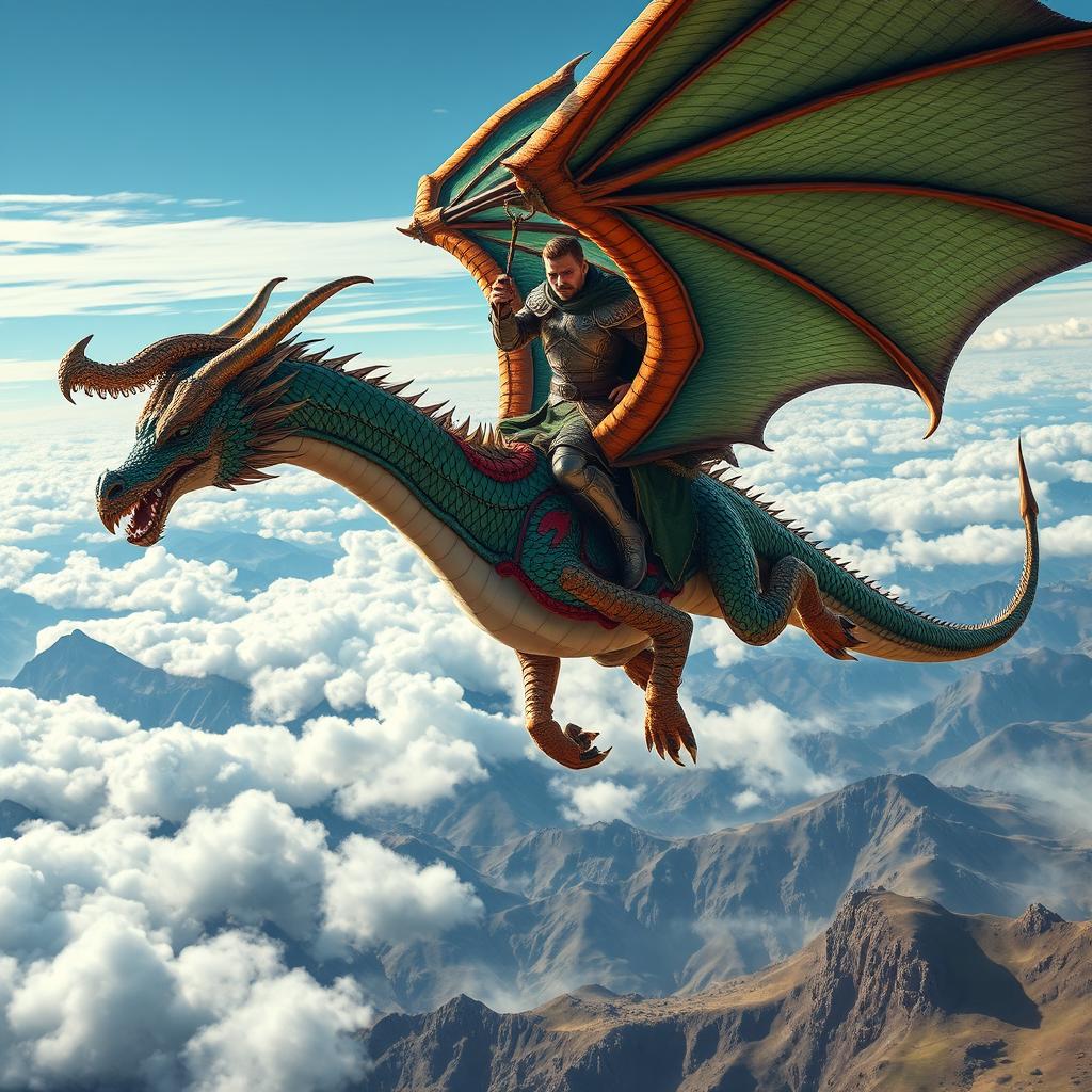 A fantasy scene showcasing a majestic dragon rider soaring through the sky on a magnificent dragon