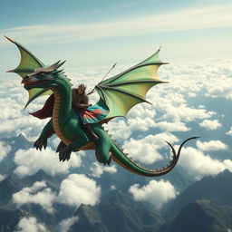 A fantasy scene showcasing a majestic dragon rider soaring through the sky on a magnificent dragon