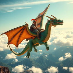 A fantasy scene showcasing a majestic dragon rider soaring through the sky on a magnificent dragon