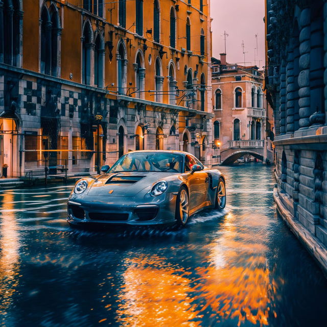 32k HD editorial photograph of a black Porsche 911 in a high-speed drift on a wet Venetian street, creating a large water splash trail, taken by Amy Shore.