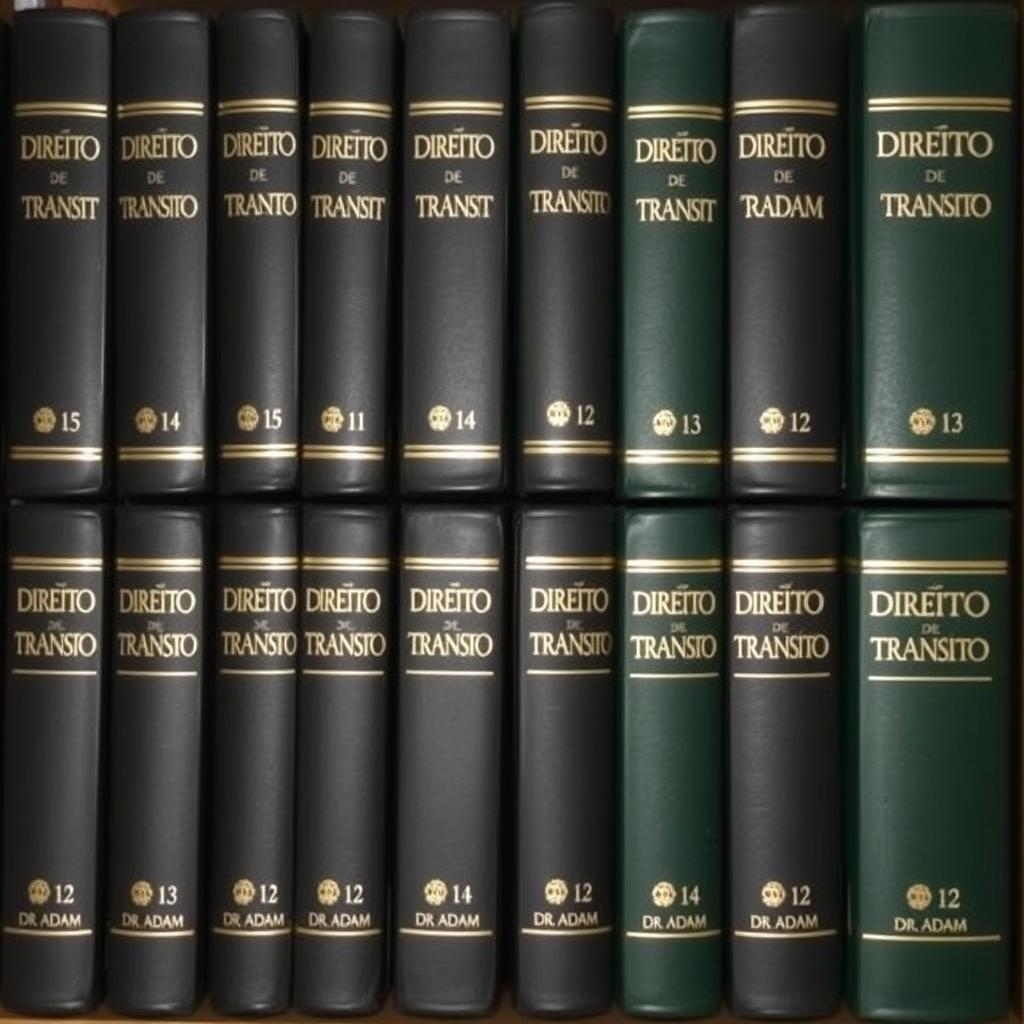 A collection of 12 classic legal-style books, each numbered and titled 'Direito de Trânsito' in Portuguese, authored by Dr