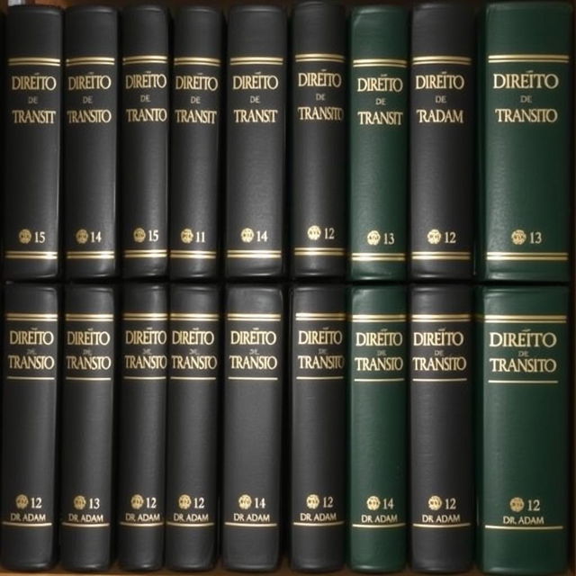 A collection of 12 classic legal-style books, each numbered and titled 'Direito de Trânsito' in Portuguese, authored by Dr