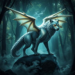 A fantastical creature that blends features of a dragon and a wolf, showcasing the intricate scales of a dragon with the muscular build and fur of a wolf