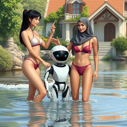 A European girl and an Arab girl wearing skimpy two-piece swimsuits and lingerie featuring one-shoulder tops and high-neck bikinis, both embodying Islamic vibes, standing playfully in a gentle flood of water