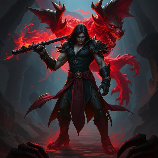 An imposing figure resembling Alistar Bloodthirst, a striking male vampire from Ixalan, holding a scimitar imbued with necrotic energy