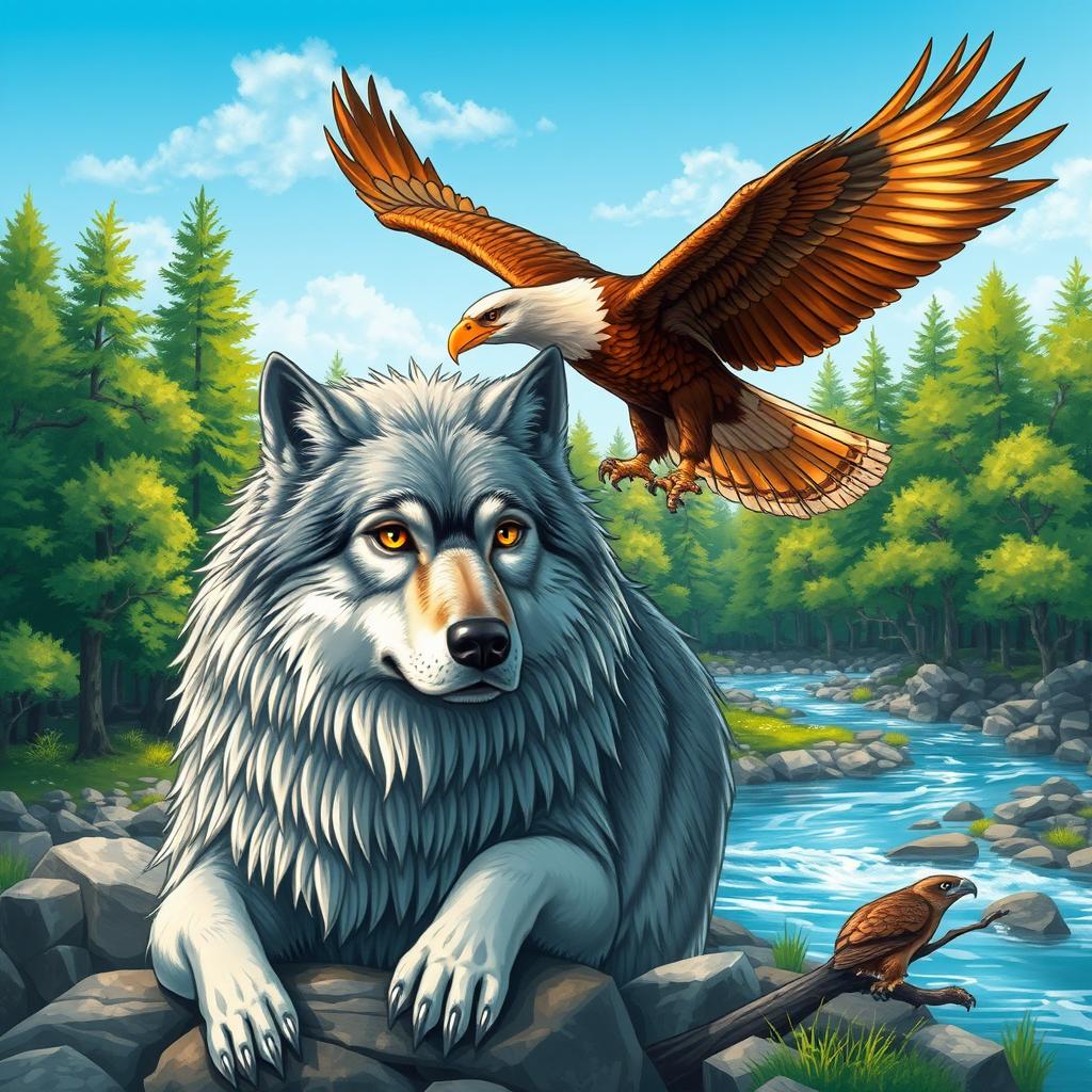 A majestic illustration of a Lobo (wolf) and an Águia (eagle) together in a harmonious natural setting