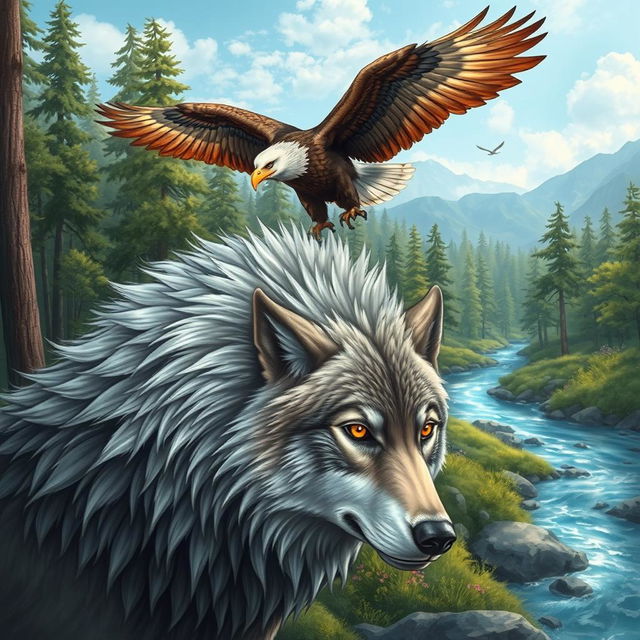 A majestic illustration of a Lobo (wolf) and an Águia (eagle) together in a harmonious natural setting