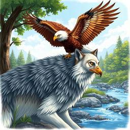 A majestic illustration of a Lobo (wolf) and an Águia (eagle) together in a harmonious natural setting