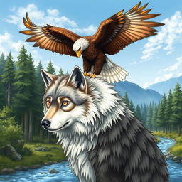 A majestic illustration of a Lobo (wolf) and an Águia (eagle) together in a harmonious natural setting