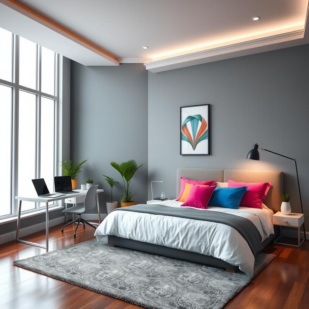 A cool and modern bedroom design featuring a minimalist aesthetic with a large, plush bed adorned with vibrant colored pillows